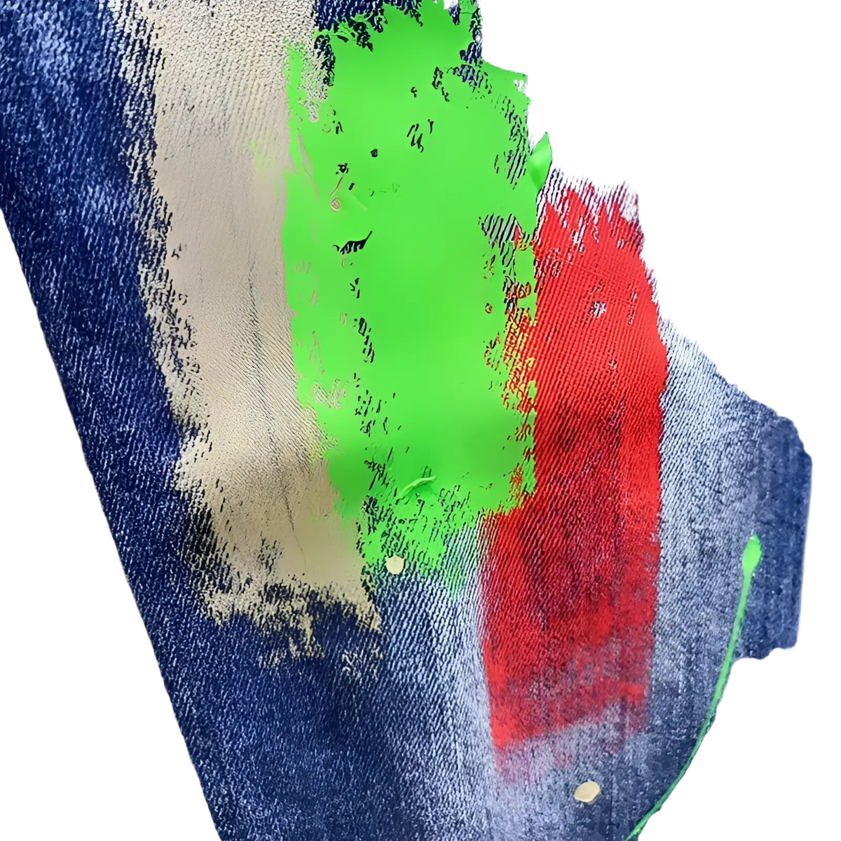 Painted ripped denim jeans for men in blue fabric with vibrant green and red paint splatters