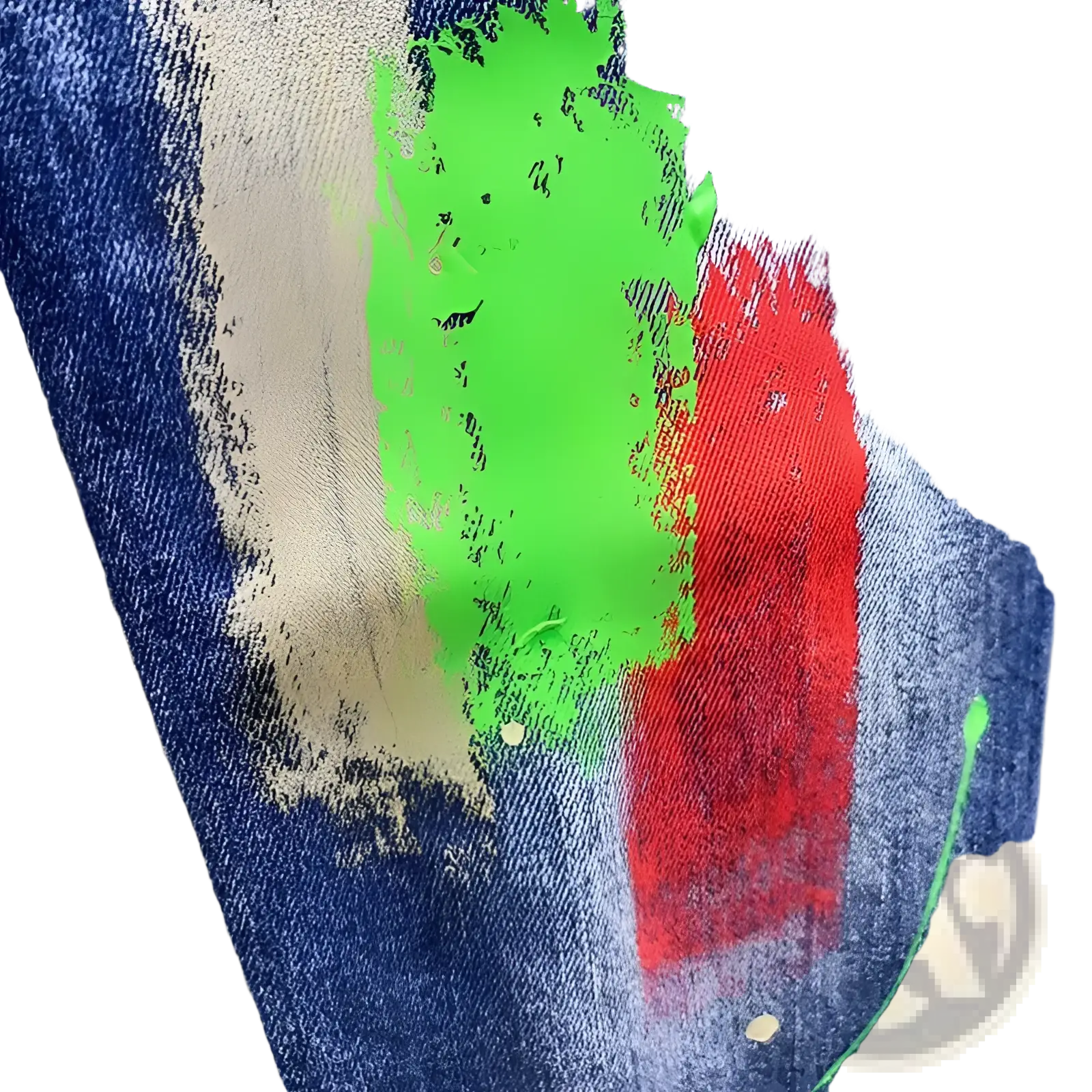 Painted ripped denim jeans for men in blue fabric with vibrant green and red paint splatters