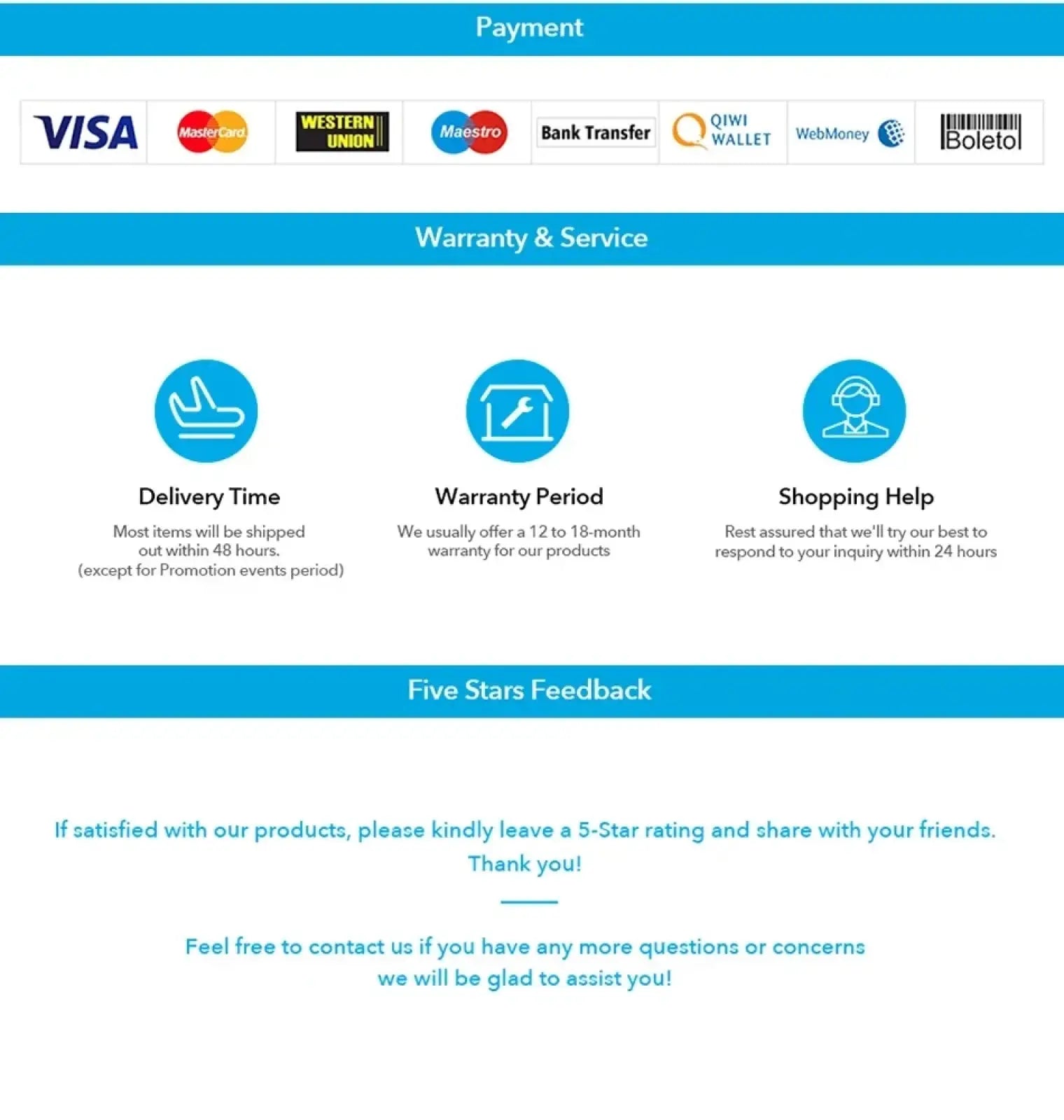 Blue payment and service panel with icons for visa mastercard western union and delivery info for painted ripped denim jeans for men