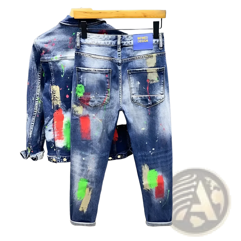 Painted ripped denim jeans for men in blue with vibrant red green and beige paint splatter design on front side