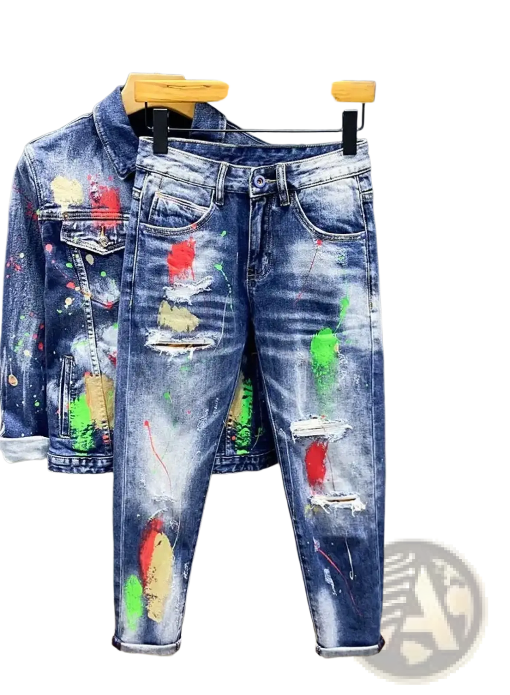 Blue denim jeans for men with vibrant red green and yellow paint splatter and distressed ripped details