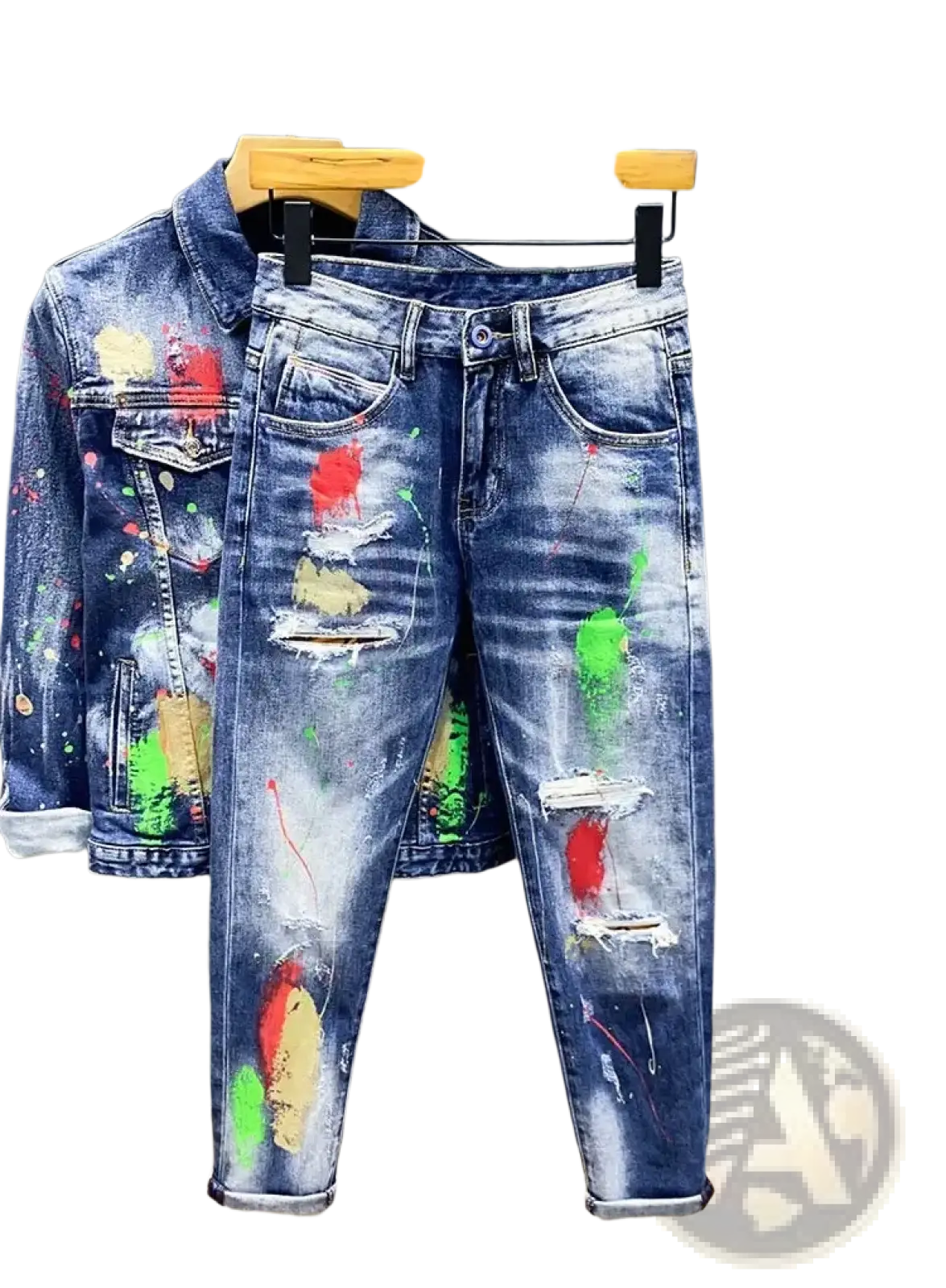 Blue denim jeans for men with vibrant red green and yellow paint splatter and distressed ripped details