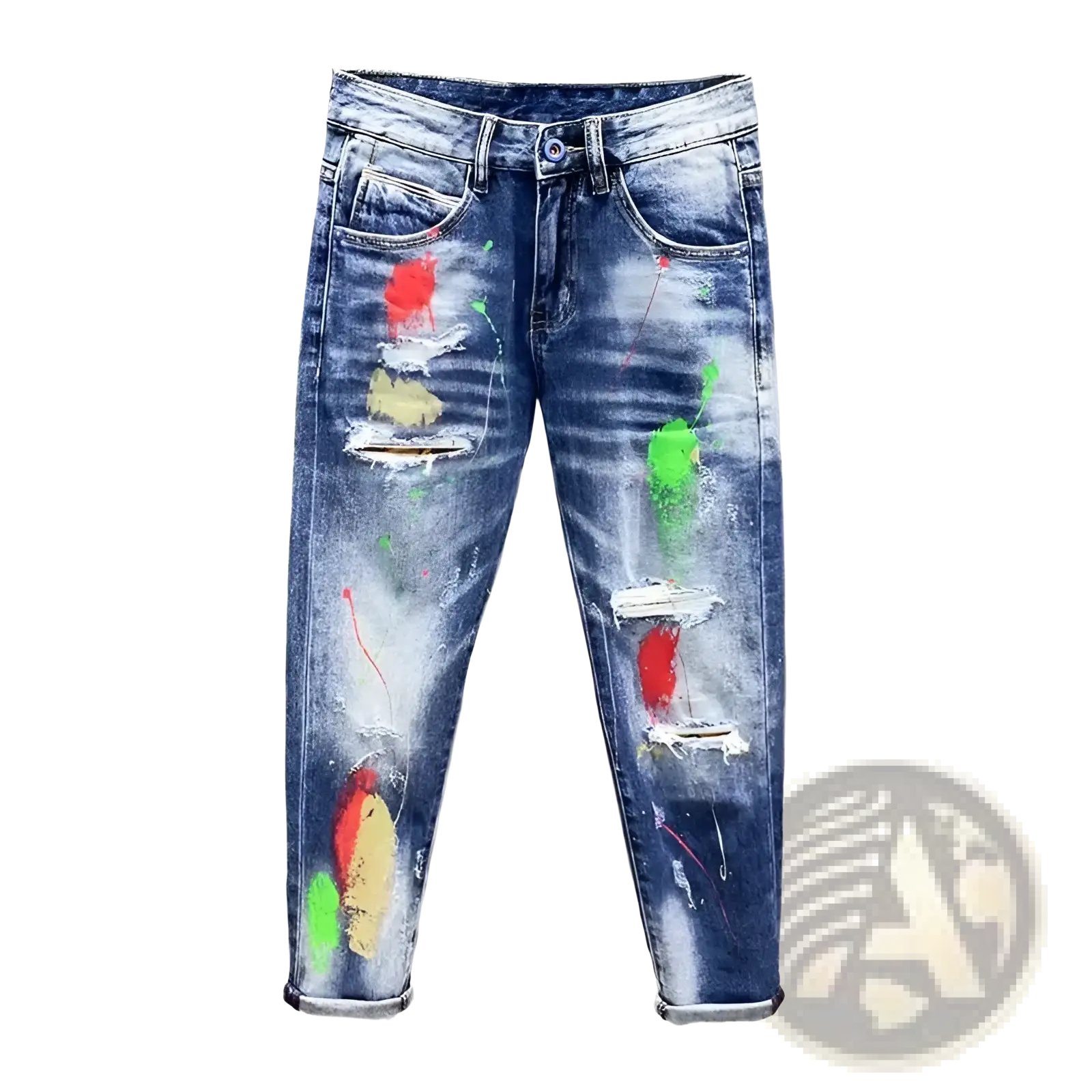 Painted ripped denim jeans for men blue denim with vibrant red green and yellow paint splatters and distressed details