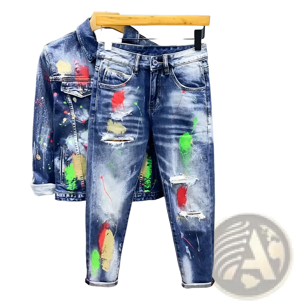 Blue denim painted ripped denim jeans for men with colorful paint splatters paired with a matching jacket