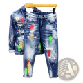 Blue denim painted ripped denim jeans for men with colorful paint splatters paired with a matching jacket