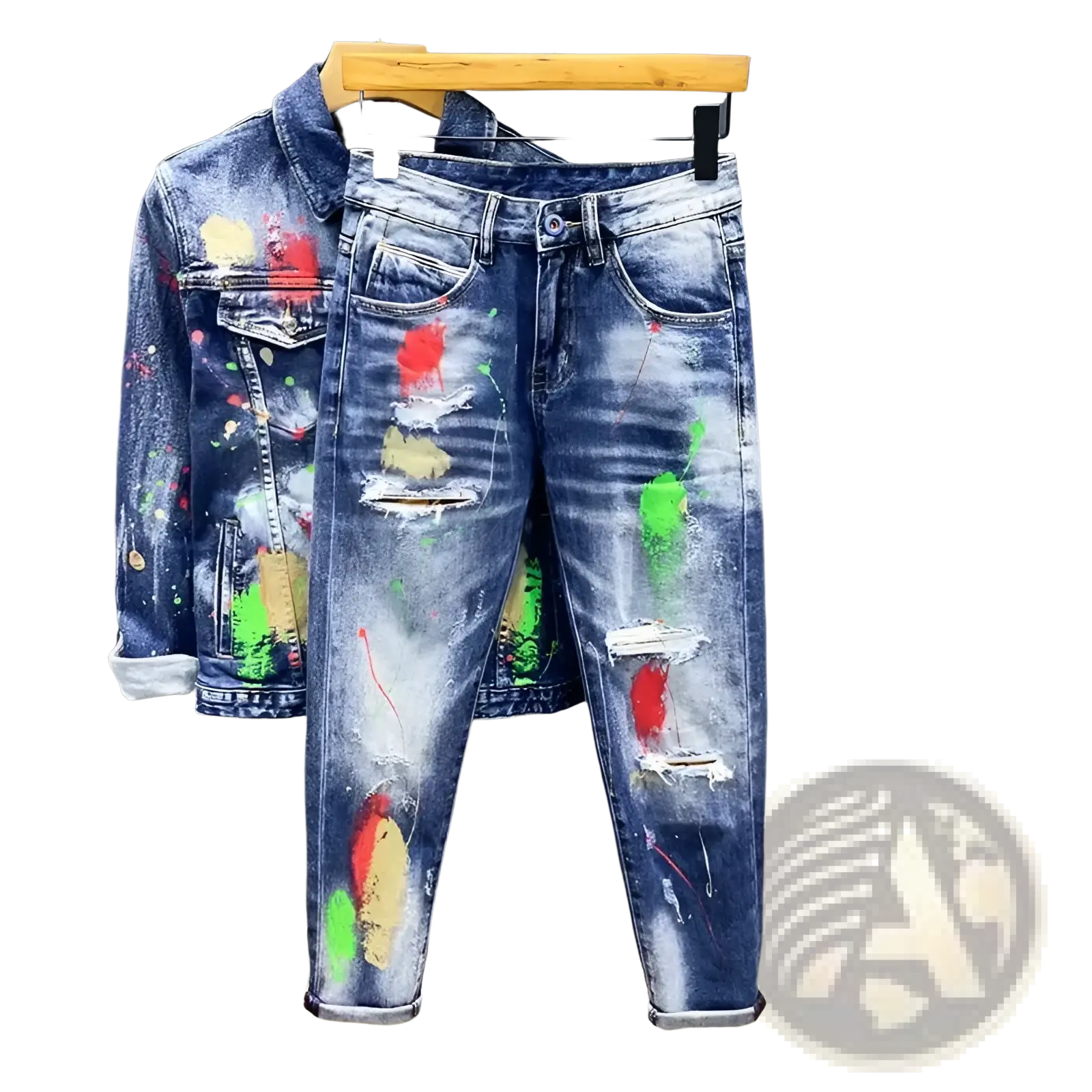Blue denim painted ripped denim jeans for men with colorful paint splatters paired with a matching jacket