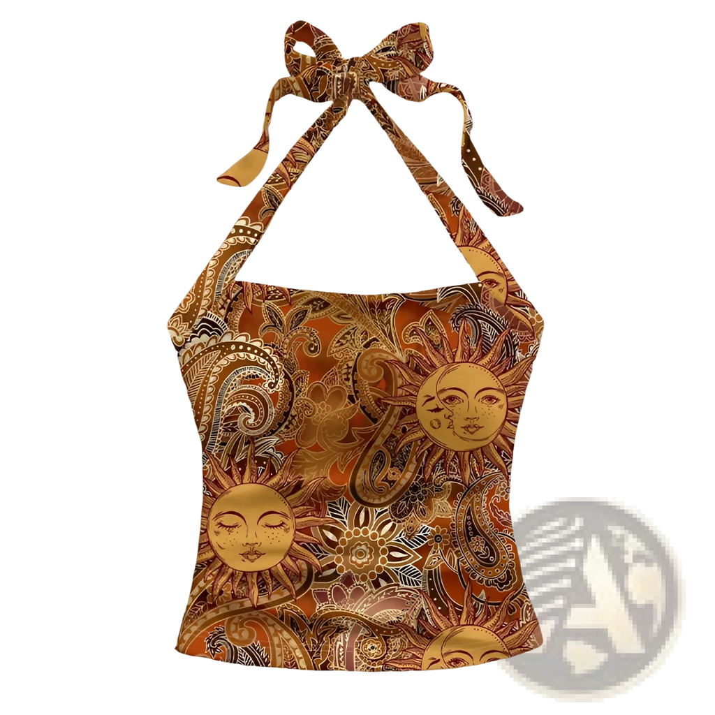 A slim fit paisley halter top in vibrant orange and gold featuring sun faces with tied back straps