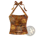 A slim fit paisley halter top in vibrant orange and gold featuring sun faces with tied back straps
