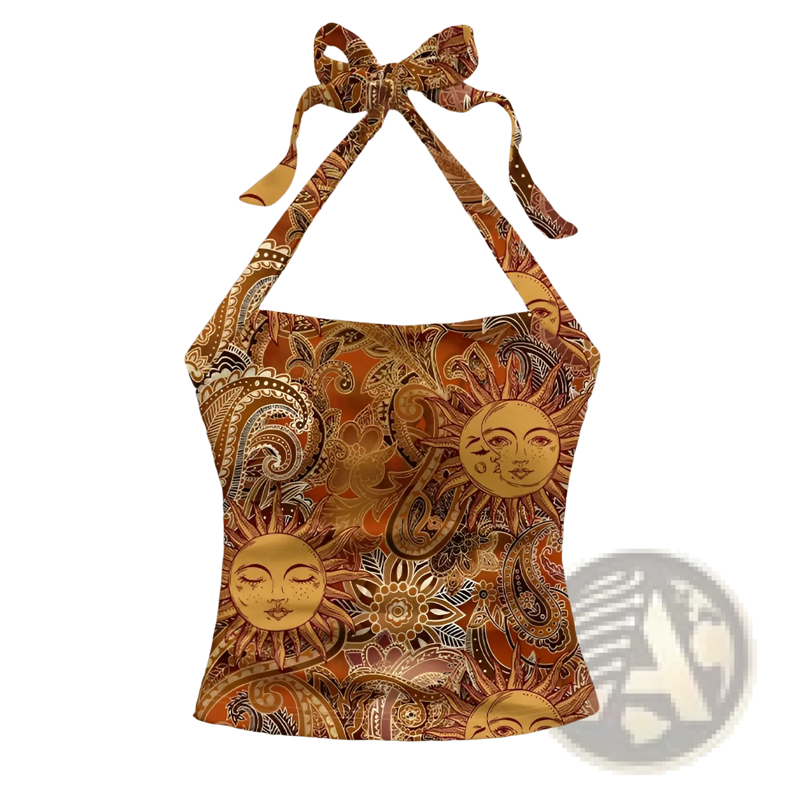 A slim fit paisley halter top in vibrant orange and gold featuring sun faces with tied back straps