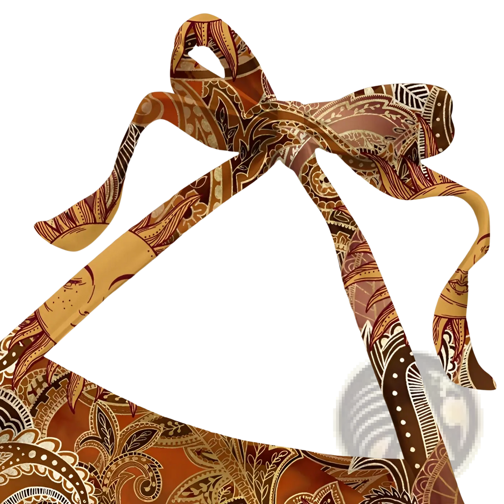 Paisley halter top slim fit sun print orange with vibrant orange and brown paisley patterned fabric tie bow with white detailing