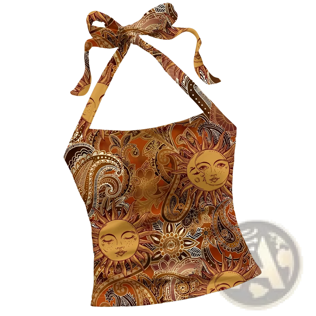 A vibrant orange and gold slim fit paisley halter top with intricate sun and paisley patterns
