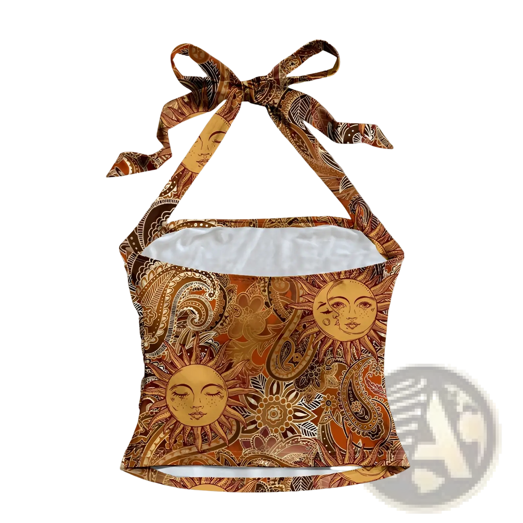 Paisley halter top slim fit in vibrant orange and brown paisley with sun print made from smooth fabric with white satin lining