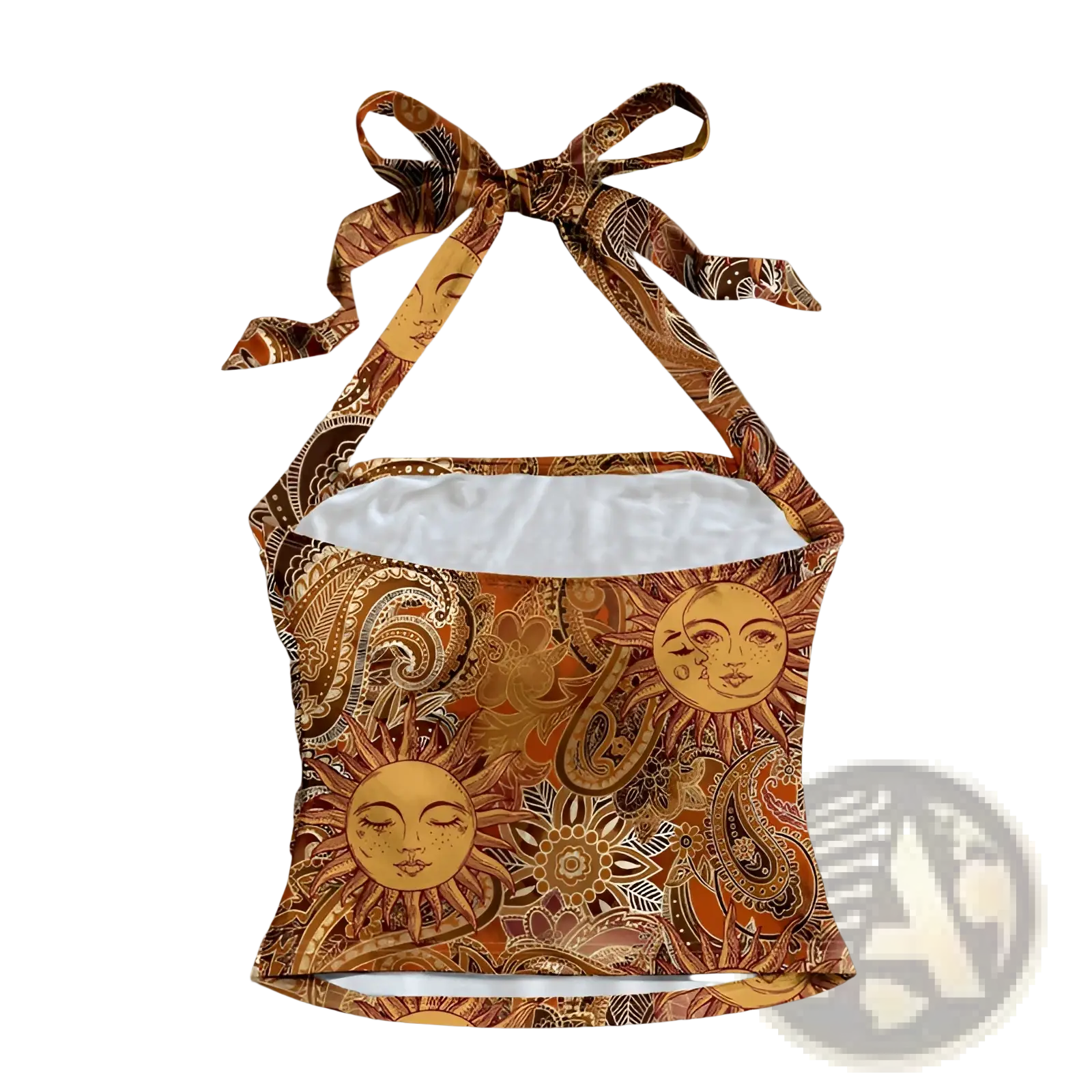 Paisley halter top slim fit in vibrant orange and brown paisley with sun print made from smooth fabric with white satin lining