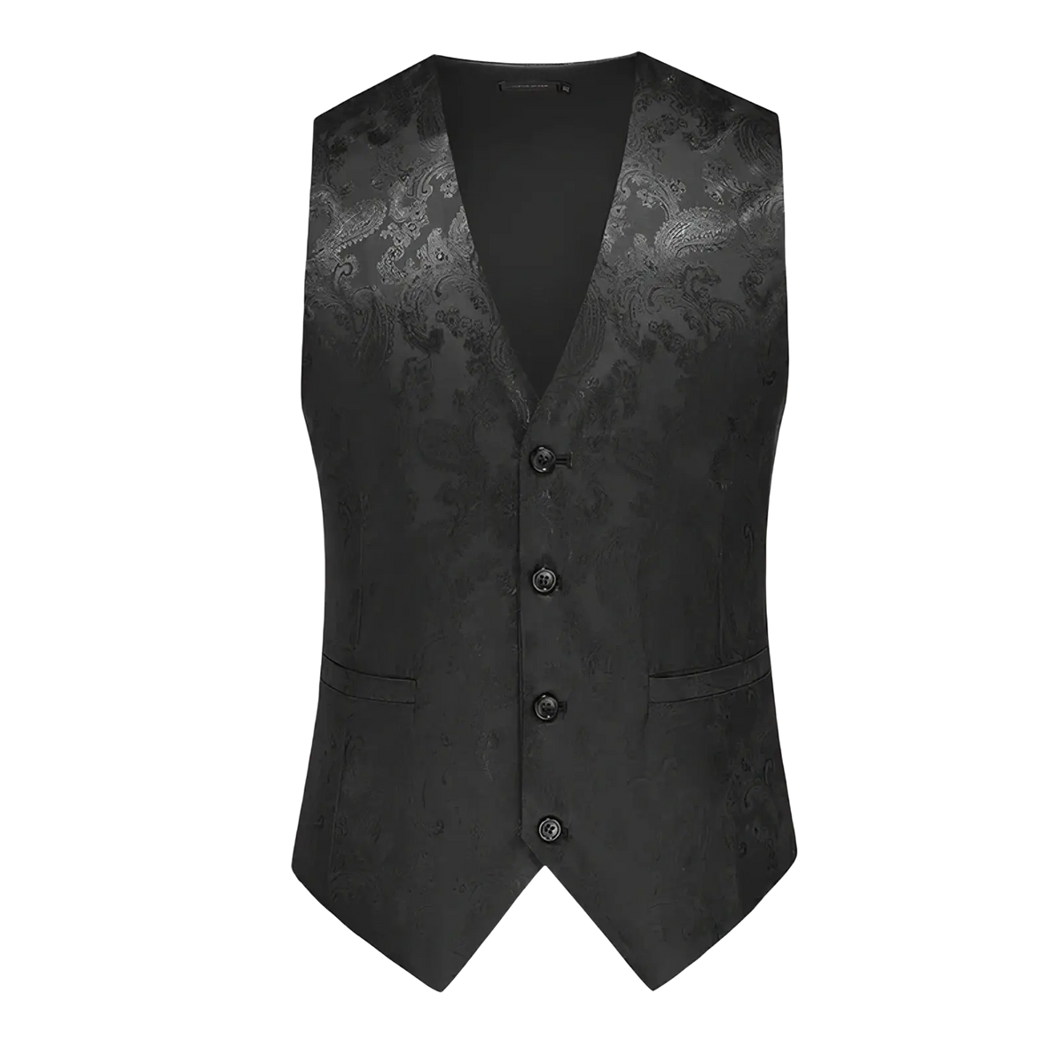 Black satin paisley men dress vest with subtle silver pattern and matching buttons for formal wedding prom waistcoat