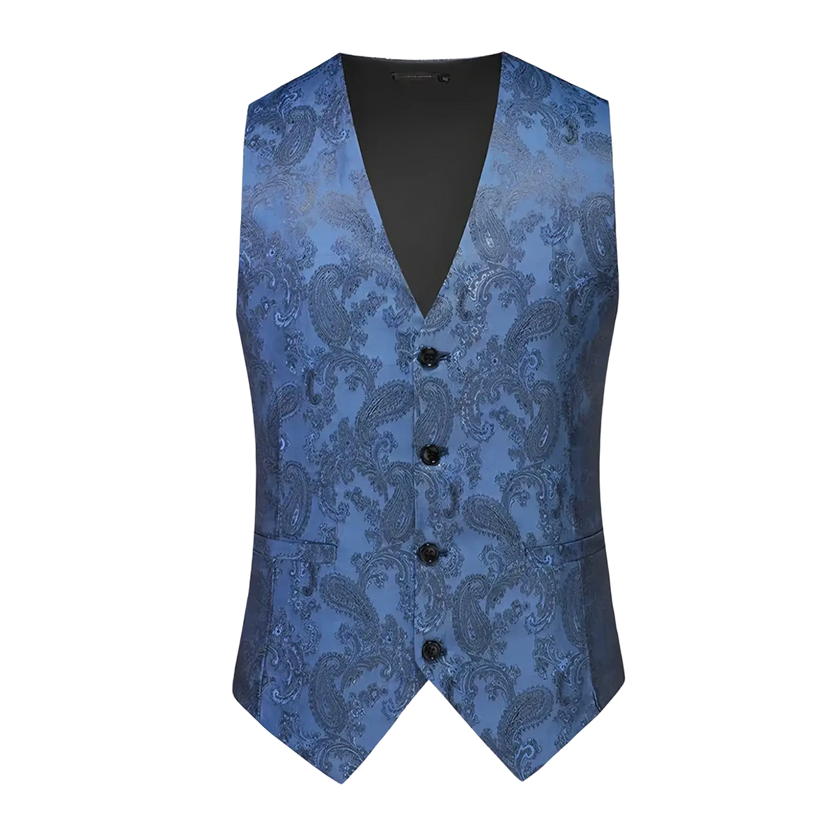 A blue paisley patterned men dress vest with black buttons and dark inner lining for formal wedding and prom wear