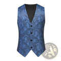 A blue paisley patterned men dress vest with black buttons and dark inner lining for formal wedding and prom wear