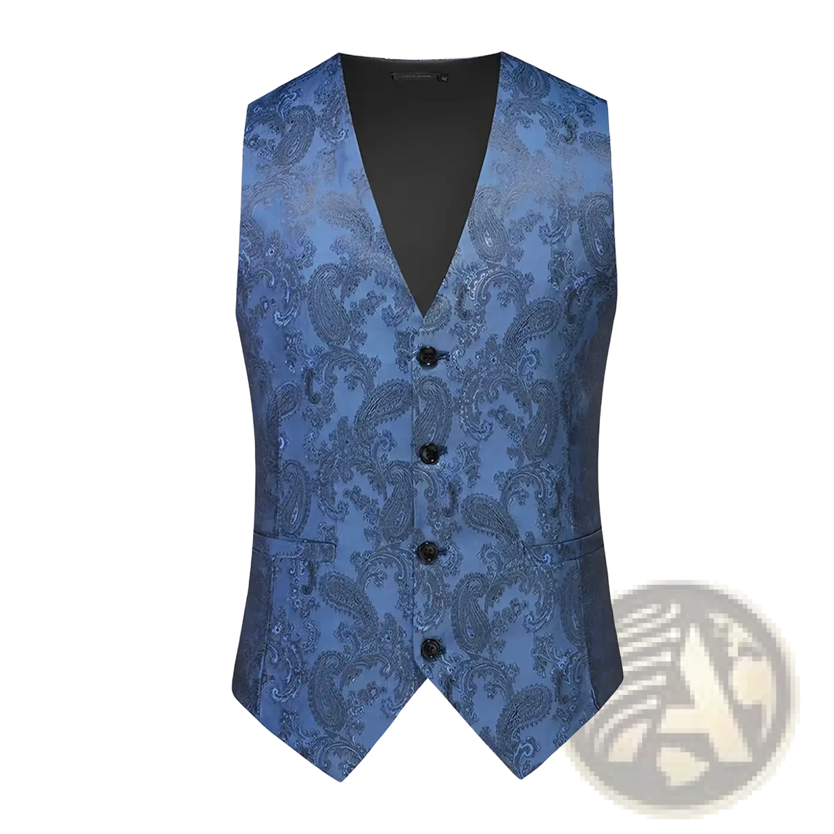 A blue paisley patterned men dress vest with black buttons and dark inner lining for formal wedding and prom wear