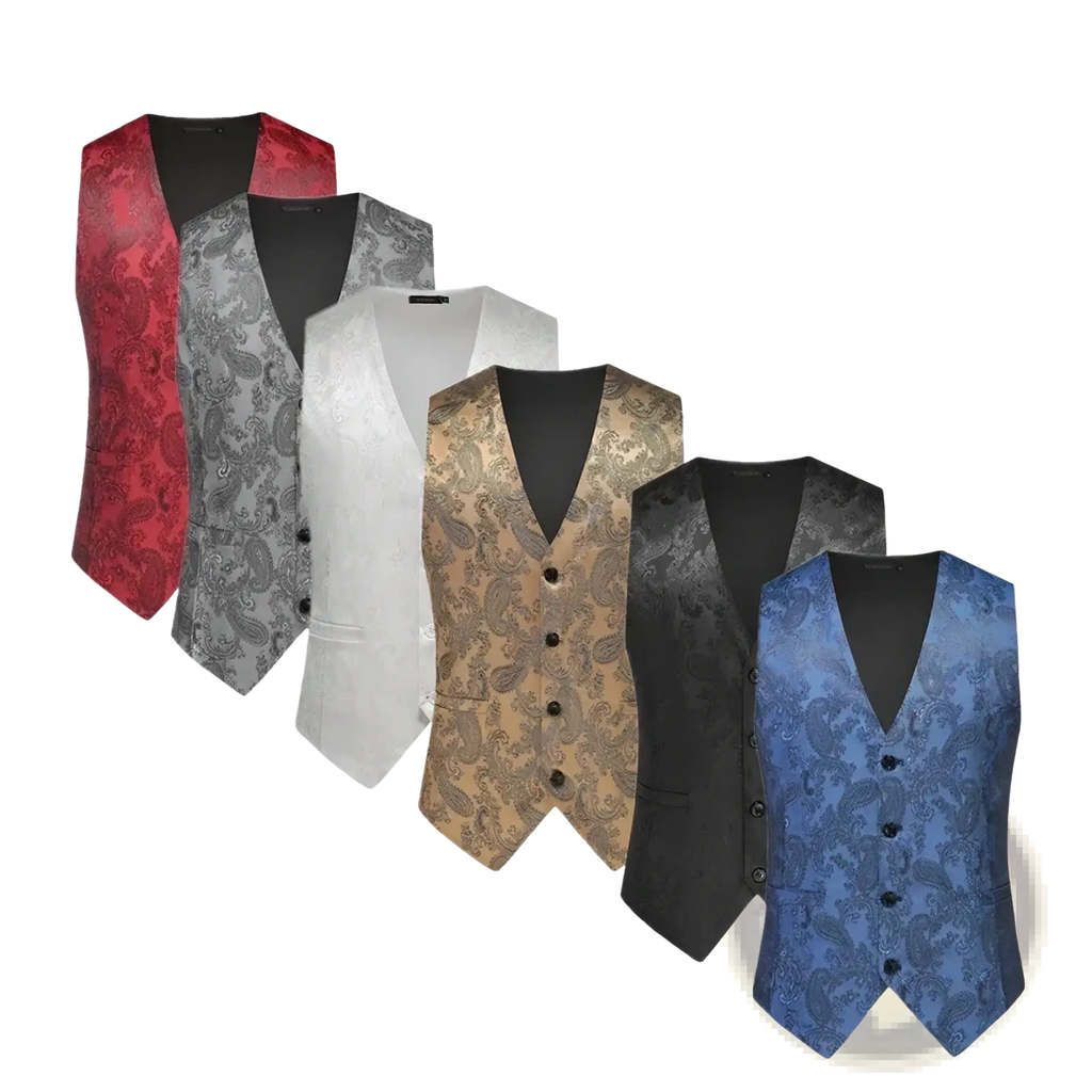 A collection of paisley men dress vests in red silver white gold and blue satin for formal wedding prom wear