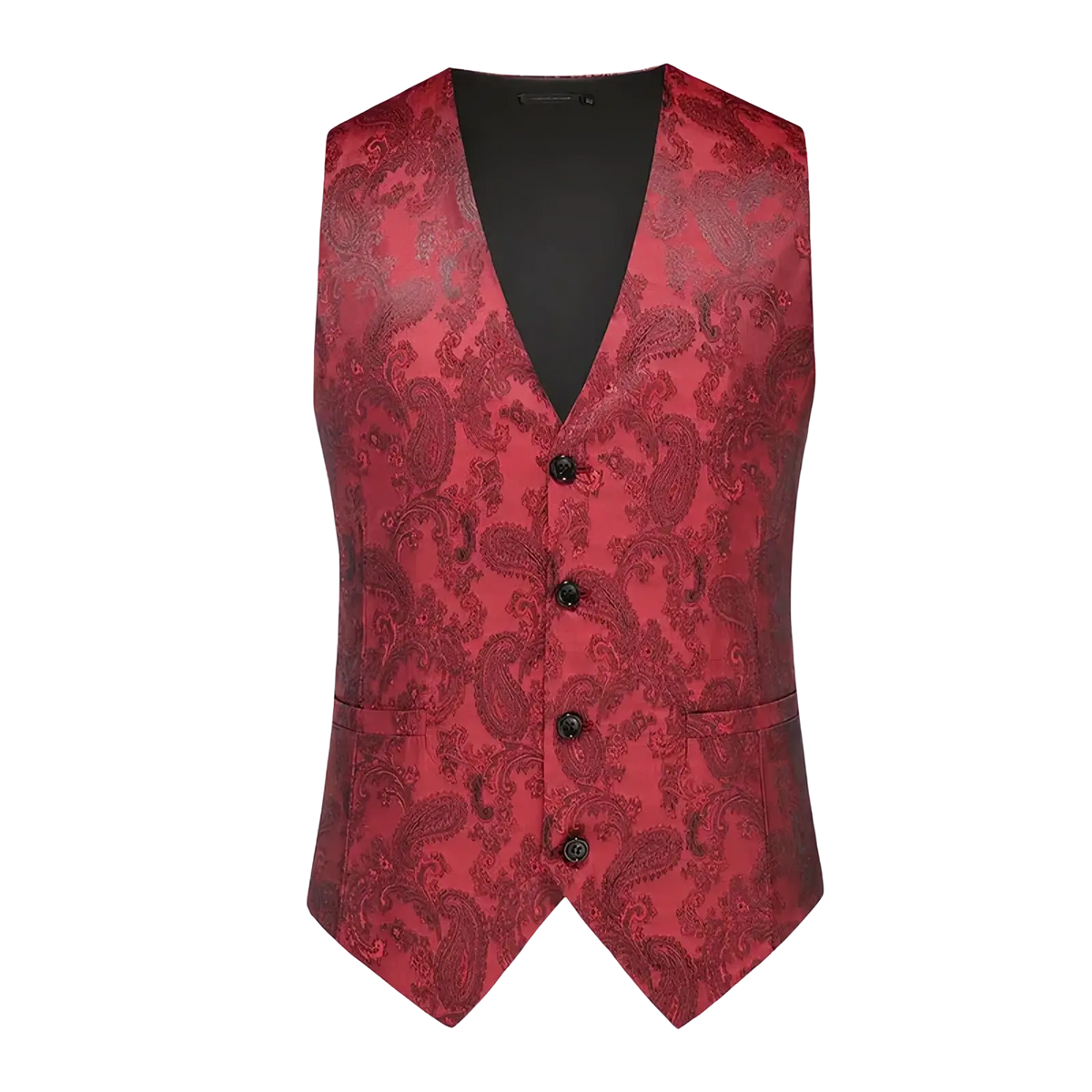 Paisley men dress vest in rich red satin with dark paisley pattern and black buttons for formal wedding and prom wear