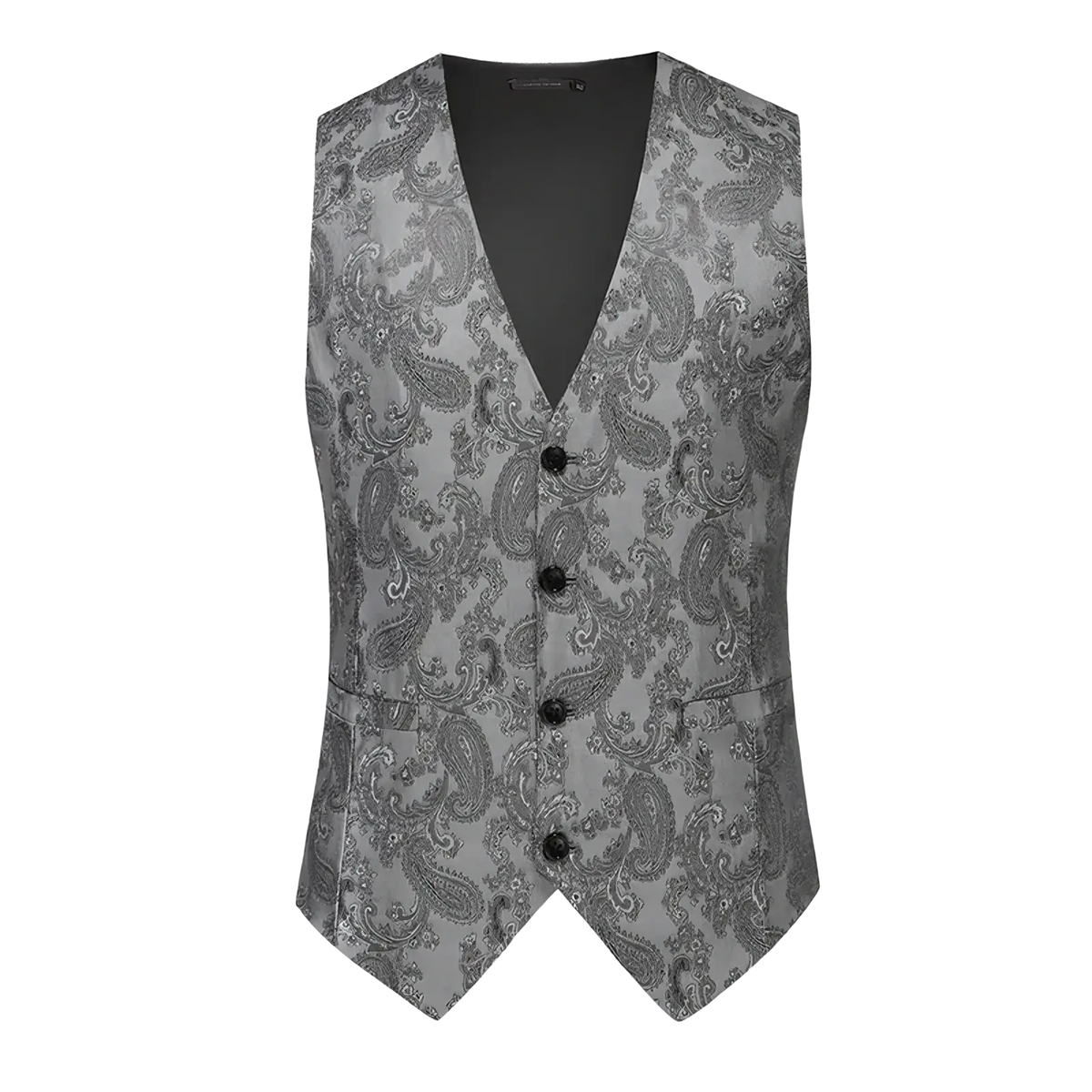 A sleek gray paisley men dress vest with black buttons and subtle sheen for formal wedding and prom occasions