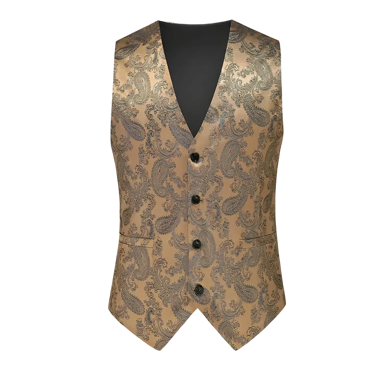 A paisley men dress vest formal wedding prom waistcoat in gold-toned satin with dark gray paisley and three black buttons