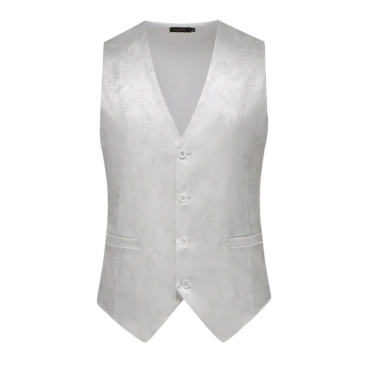 White satin paisley men dress vest with four matching buttons for formal wedding and prom occasions