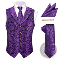 Purple paisley-patterned mens vest set with matching tie cufflinks pocket square and gold-colored pen for formal weddings