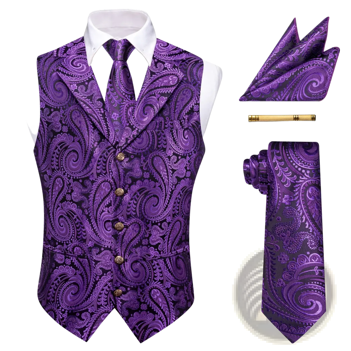 Purple paisley-patterned mens vest set with matching tie cufflinks pocket square and gold-colored pen for formal weddings