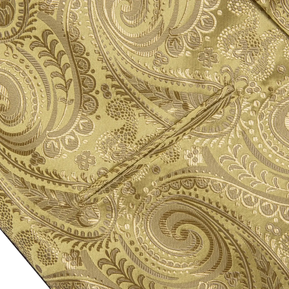 A luxurious olive green silk pocket square with intricate gold paisley floral motifs for formal wedding attire