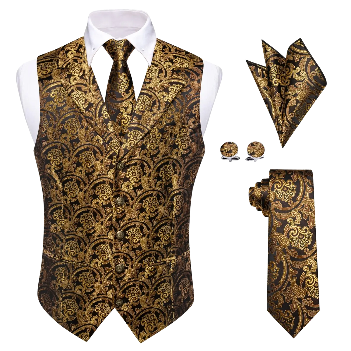 Elegant gold and black paisley men’s formal vest set with matching tie pocket square and cufflinks for weddings