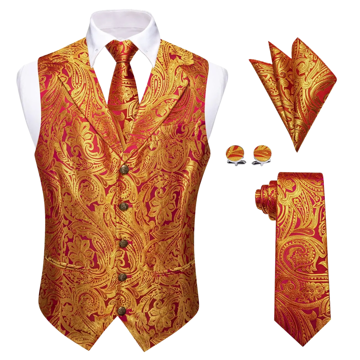 A richly patterned red and gold paisley mens vest set with matching tie pocket square and cufflinks for formal weddings