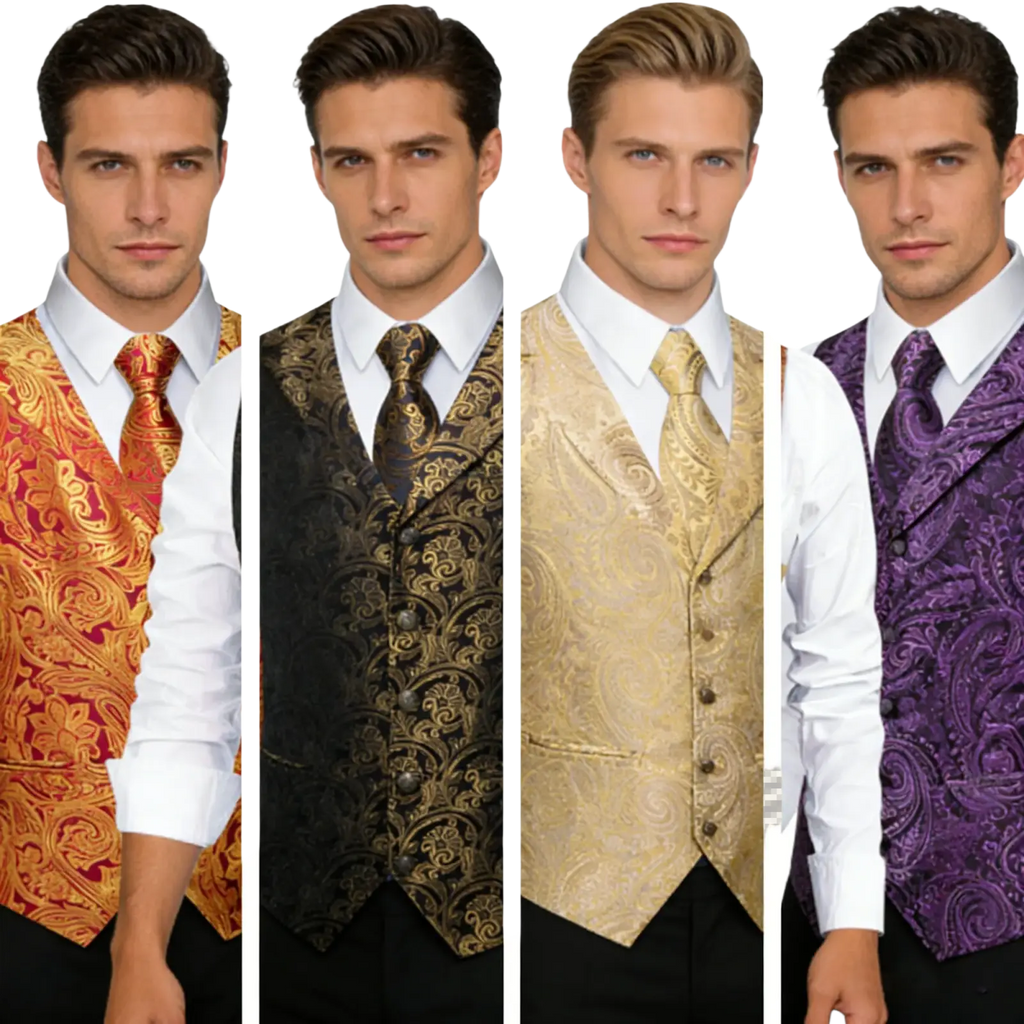 Four mens formal vests in ornate brocade paisley patterns with matching ties in gold black purple and orange red colors