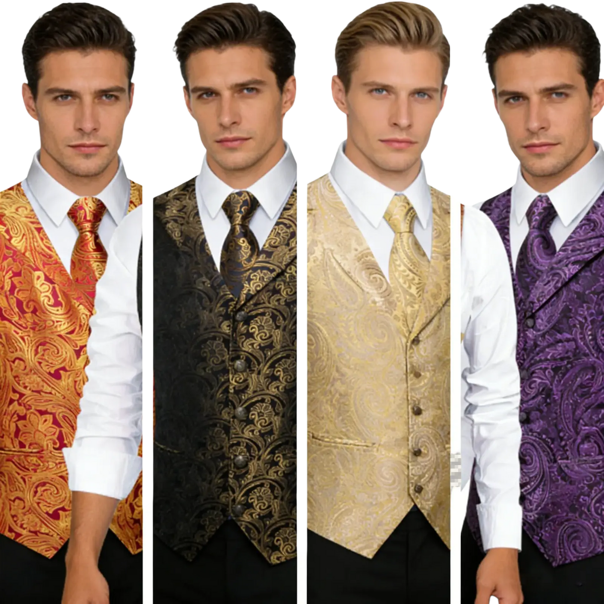 Four mens formal vests in ornate brocade paisley patterns with matching ties in gold black purple and orange red colors
