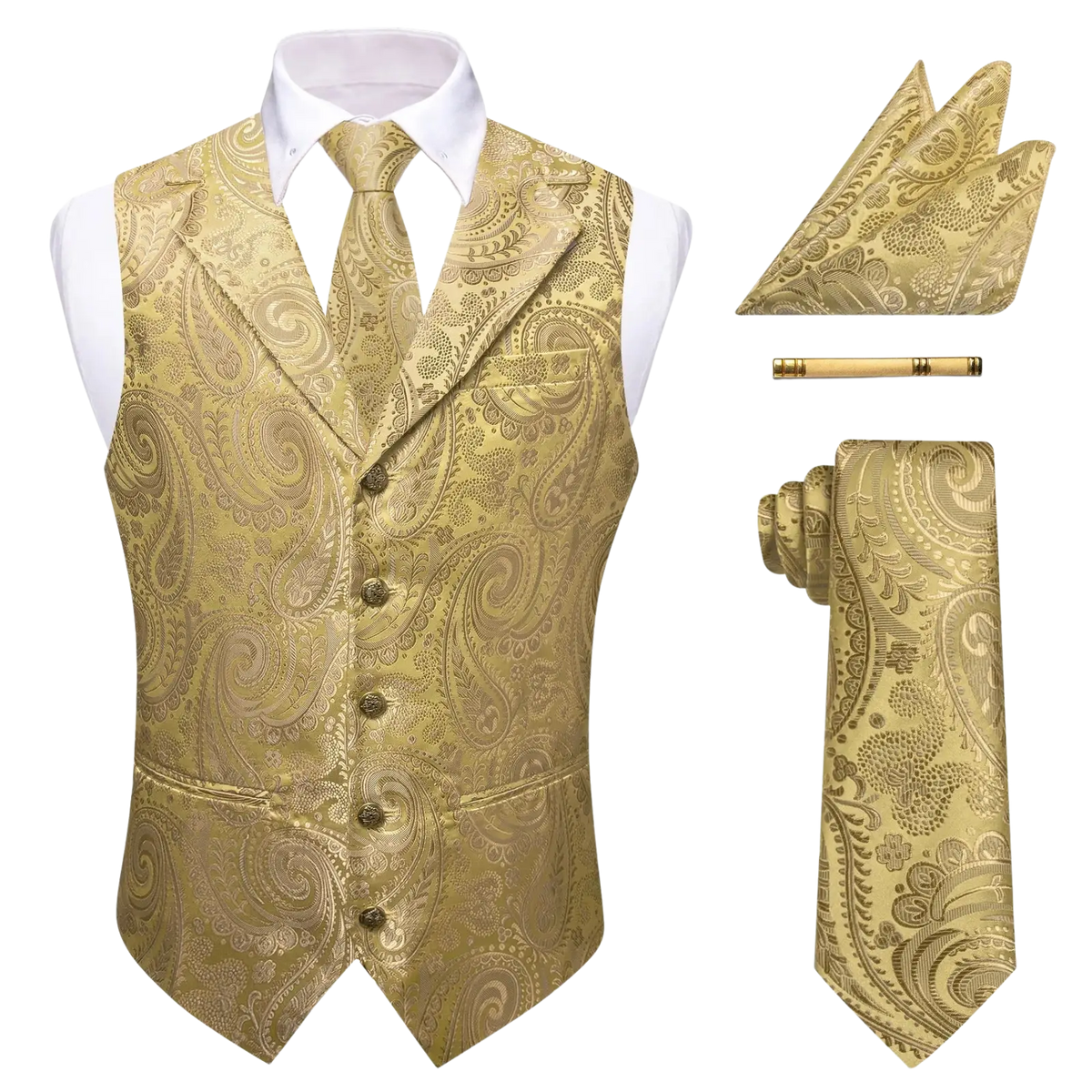 Gold paisley patterned mens vest set with matching tie pocket square cufflinks and pen in black purple and orange for formal weddings