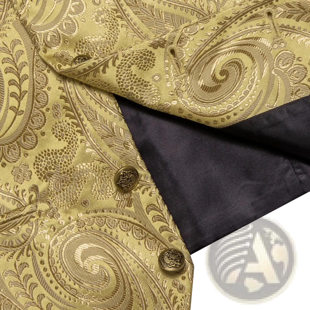 Paisley mens vest set golden black purple orange featuring gold-toned paisley pattern and ornate metallic buttons for formal weddings