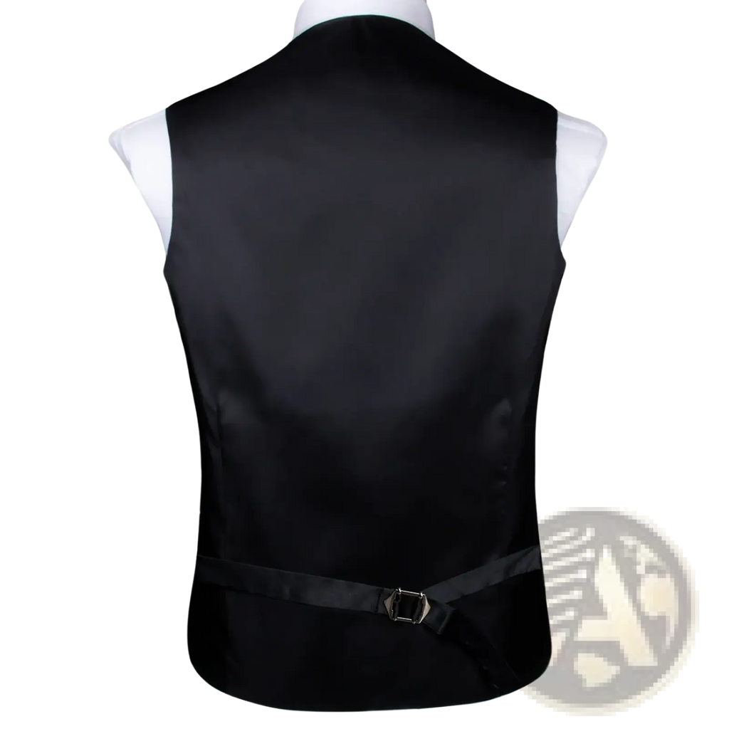 Black satin paisley mens vest with sleek texture and matching belt with silver buckle for formal wedding attire