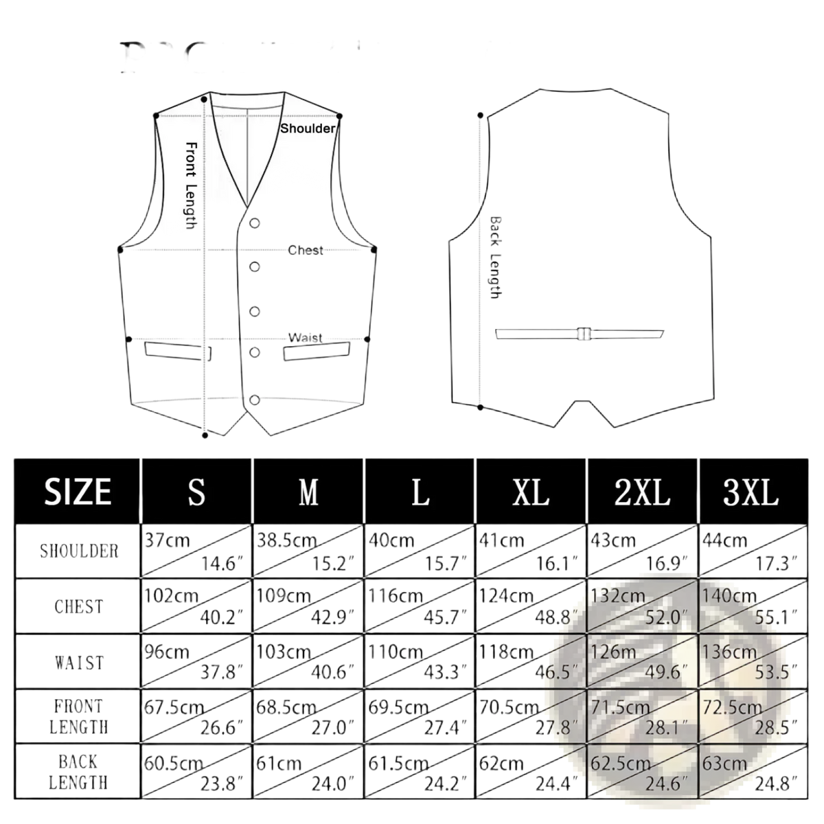 Black and white technical drawing of paisley mens vest set in golden black purple and orange with size measurements for formal wedding use
