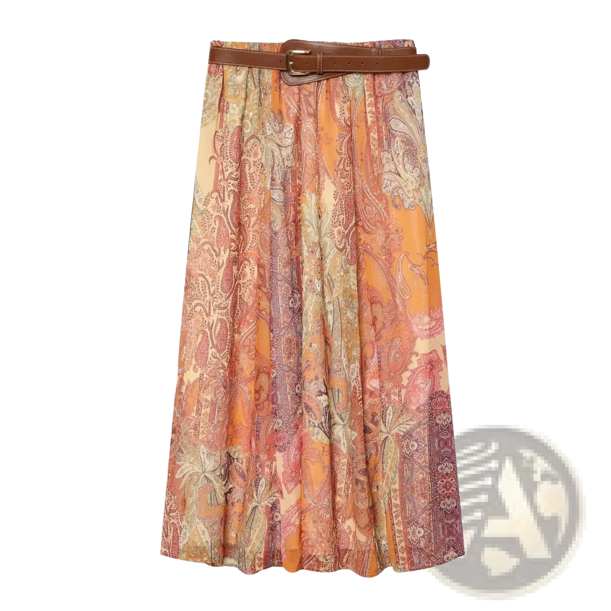 A paisley print high waist midi skirt in vibrant orange and pink with a brown leather belt at the waist