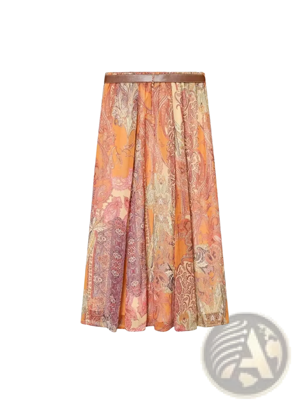 A flowing mid-length paisley print midi skirt in vibrant orange and rust with a matching brown belt