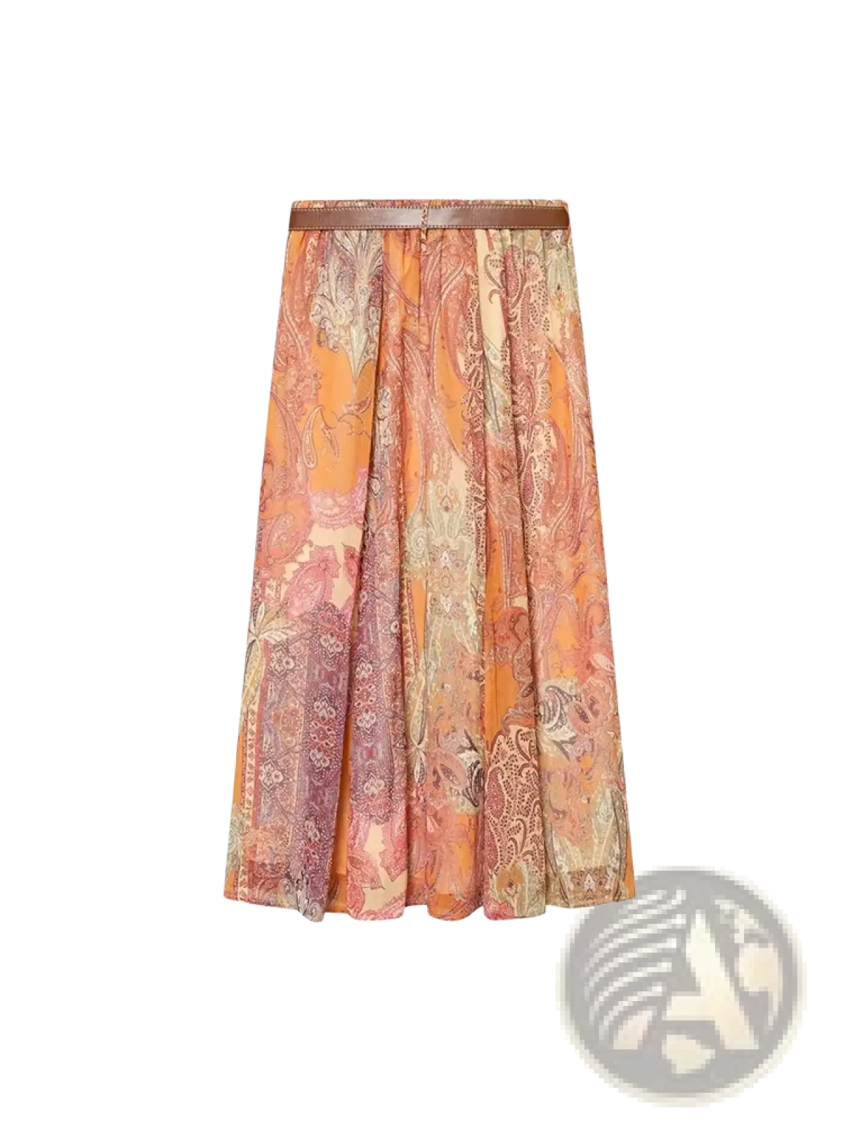 A flowing mid-length paisley print midi skirt in vibrant orange and rust with a matching brown belt