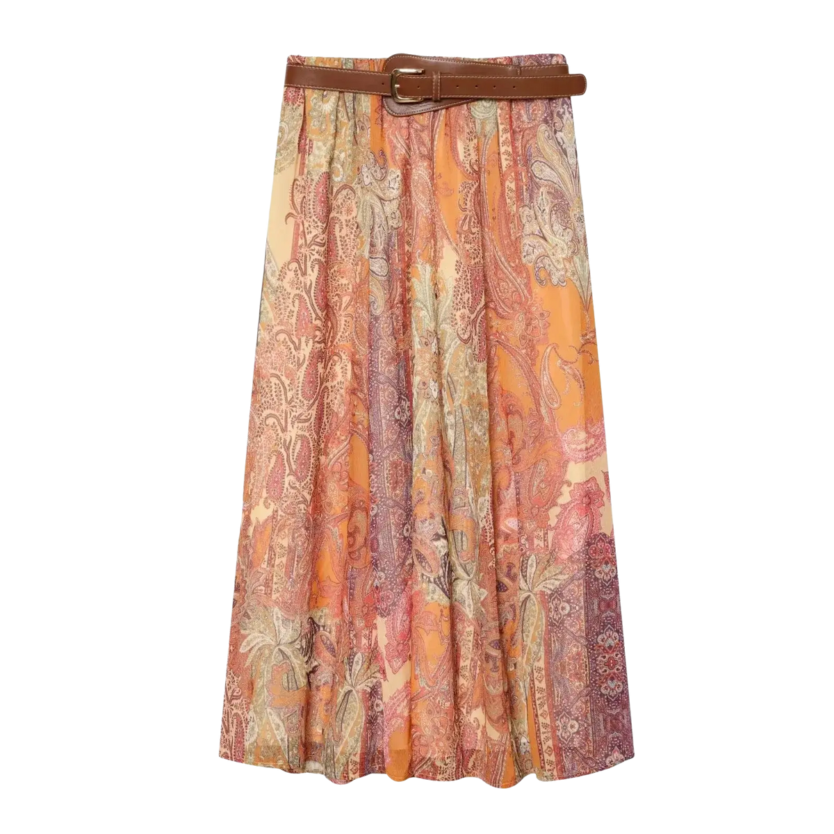 A paisley print high waist midi skirt in vibrant orange and pink with a brown leather belt at the waist