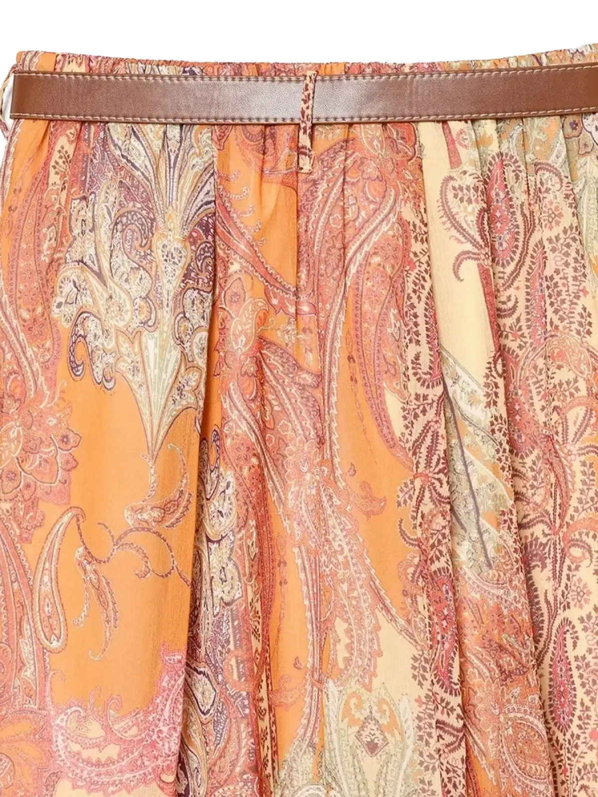 Paisley print high waist midi skirt with vibrant orange and beige pattern and brown leather belt at the waist