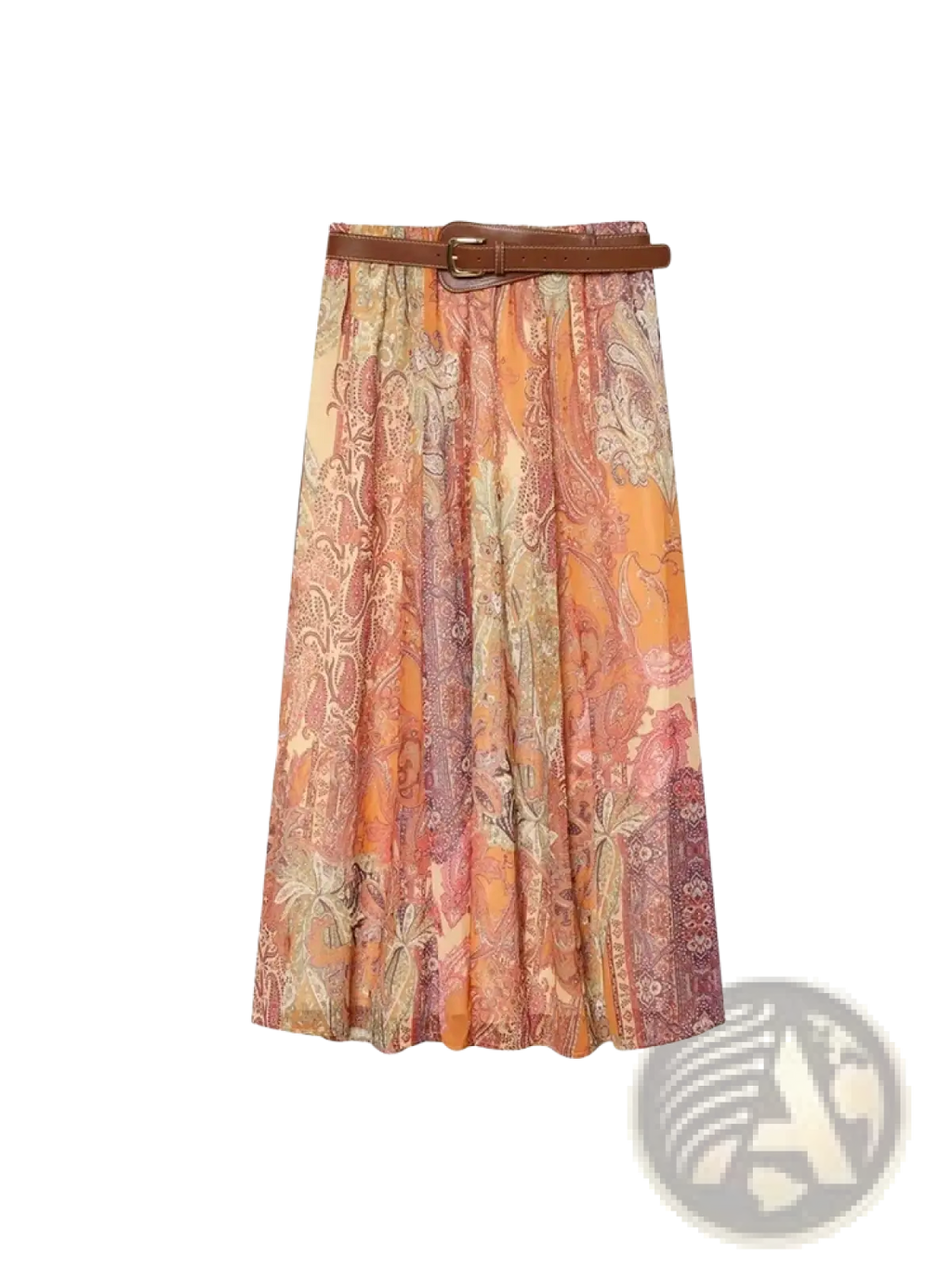 Paisley print high waist midi skirt in sheer fabric with warm earthy orange pink and muted green tones and brown leather belt