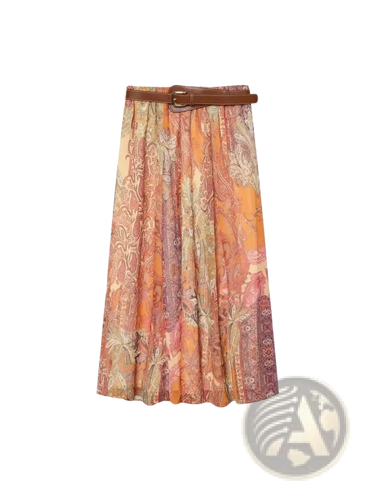 Paisley print high waist midi skirt in sheer fabric with warm earthy orange pink and muted green tones and brown leather belt