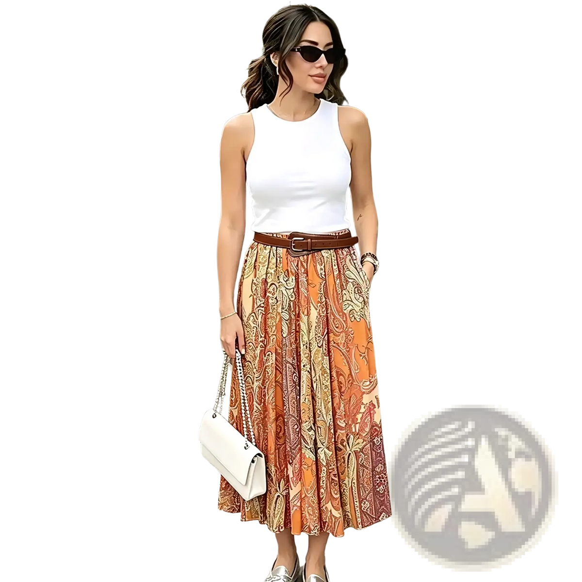 A structured white chain-strap handbag complements the paisley print high waist midi skirt for a stylish look