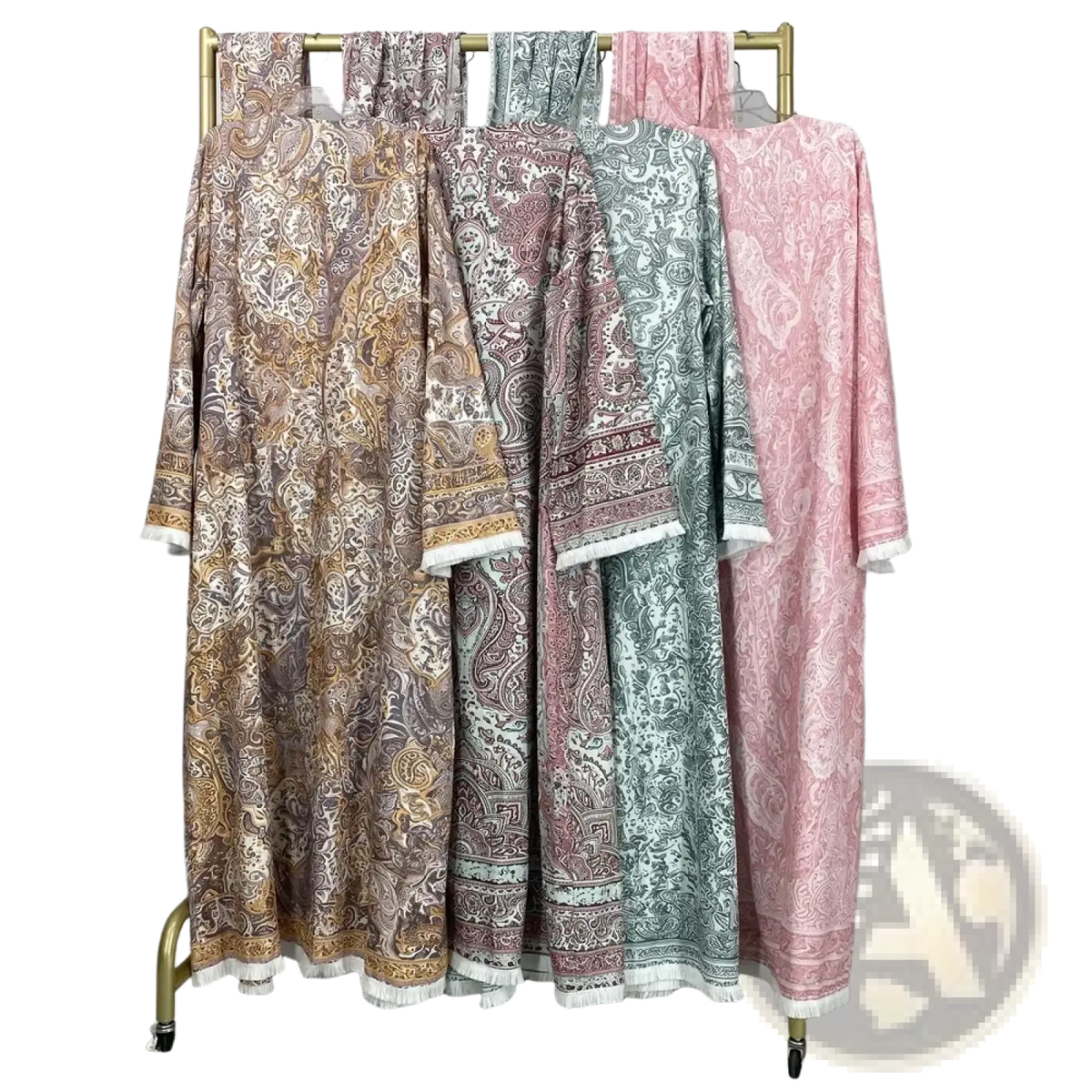 Elegant long-sleeved paisley tassel open abaya in earthy and pastel tones with white fringed hems for Islamic wear