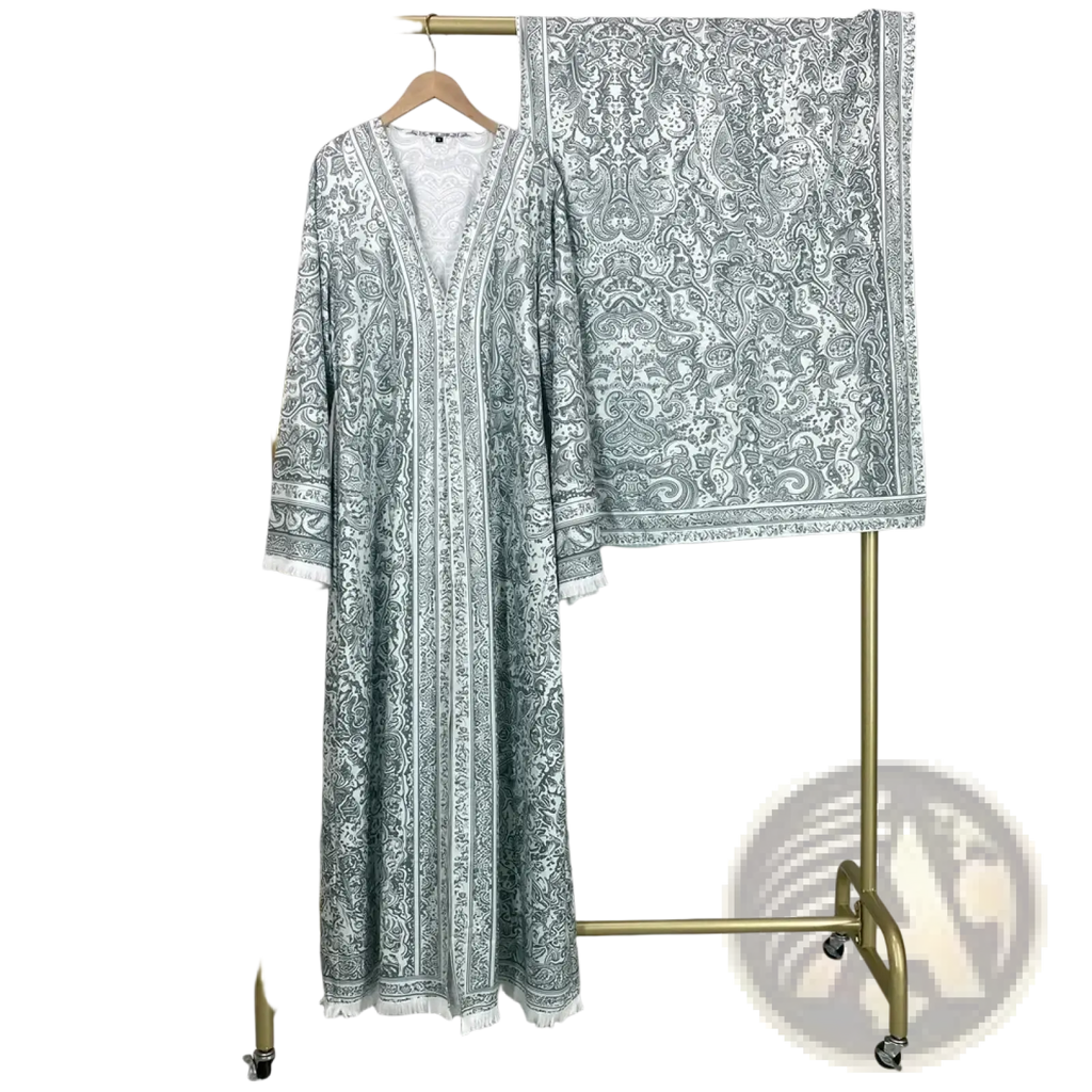 Paisley tassel open abaya islamic robe in mint green and white with intricate paisley pattern and fringed cuffs