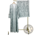 Paisley tassel open abaya islamic robe in mint green and white with intricate paisley pattern and fringed cuffs