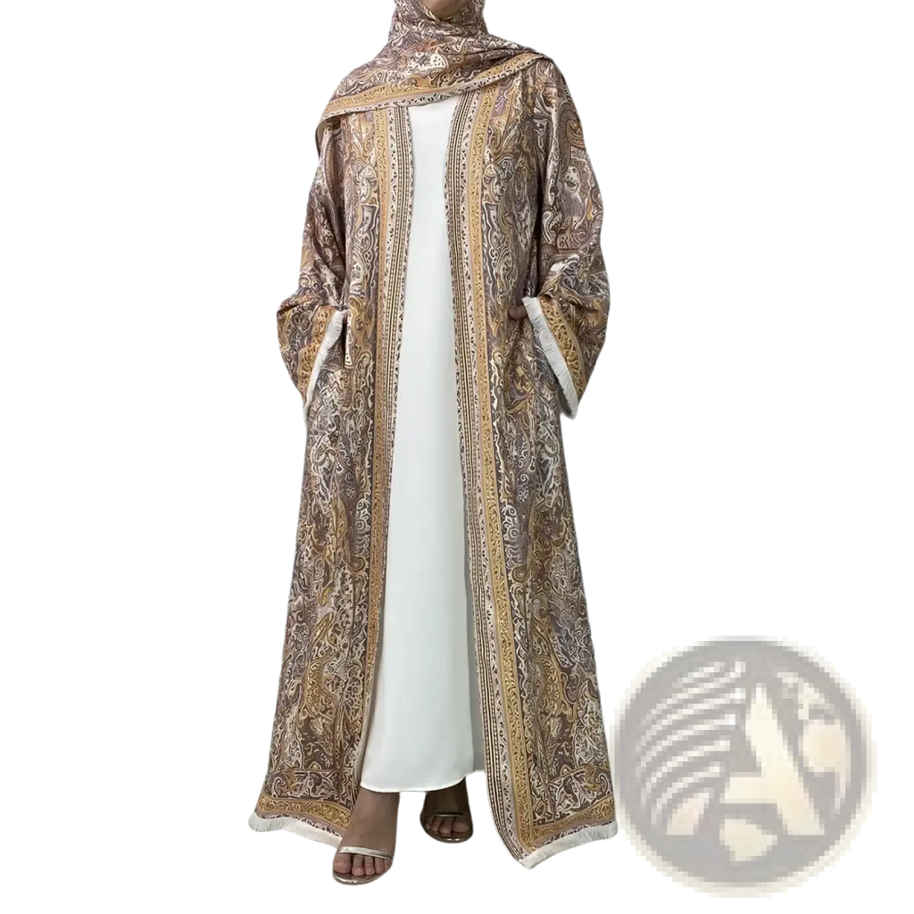 Paisley tassel open abaya islamic robe with intricate brown and gold paisley pattern white lining and fringe hem