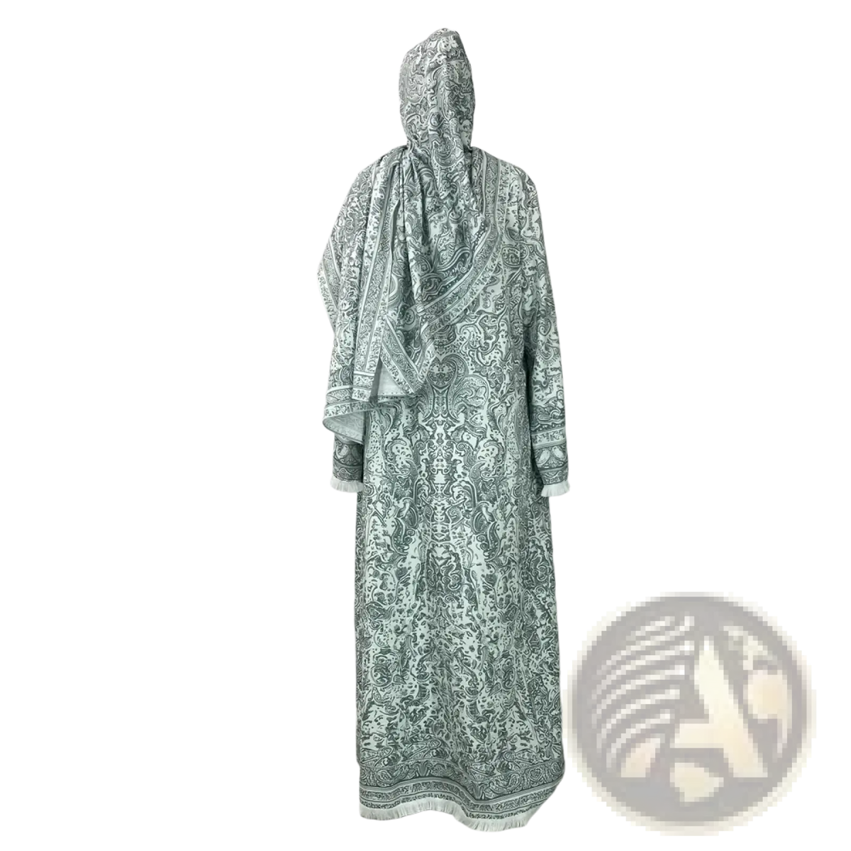 Long flowing paisley tassel open abaya Islamic robe in light gray and white with delicate fringed hem and cuffs